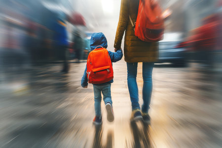 Blurred motion of mother and child walking hand in hand, urban hustleの素材