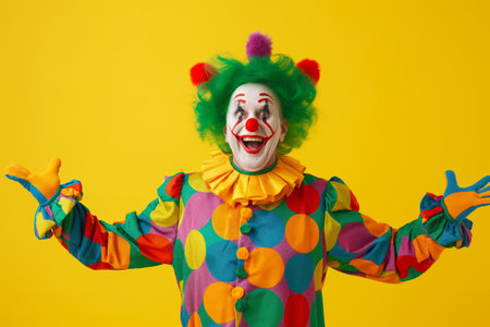 Colorful clown with cheerful expression, spreading arms wide in a welcoming gesture against a bright yellow backdropの素材