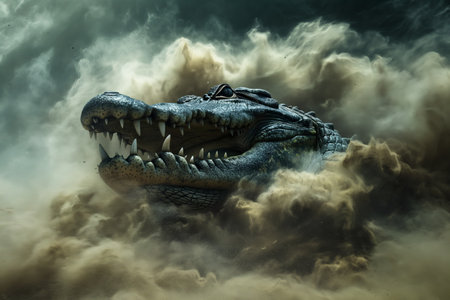 A digital artwork of a large crocodile opening its mouth amidst swirling mist, conveying danger and mysteryの素材