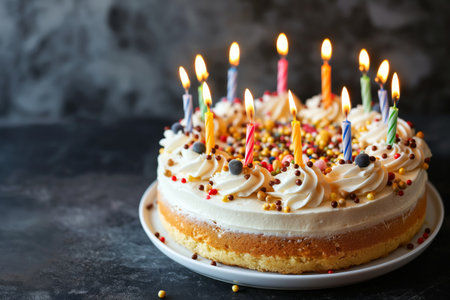 Festive birthday cake with lit candles and colorful sprinkles on dark backgroundの素材
