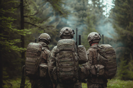 Three soldiers in camouflage gear with backpacks standing in a dense forestの素材