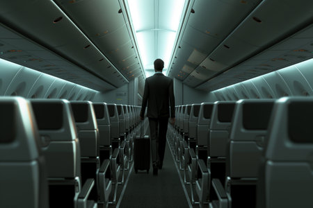 A man in a suit with luggage walking through an empty airplane cabinの素材