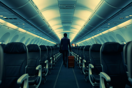 Businessman walking through airplane cabin with luggage, symbolizing business travel and mobilityの素材