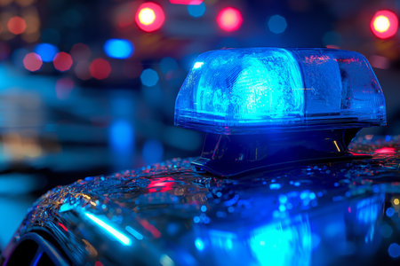 Close-up of a blue police light bar glowing against a blurred background of colorful bokeh lightsの素材