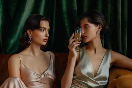 Two women in silk dresses enjoy a conversation on a luxurious couch, one holding a glass of champagneの素材
