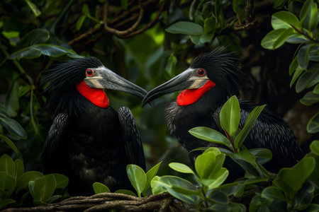 Two black hornbills with striking red throat pouches perched in a lush environmentの素材