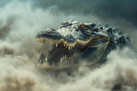 Close-up of a crocodiles head emerging from foggy surroundings, invoking a sense of mystery and raw powerの素材