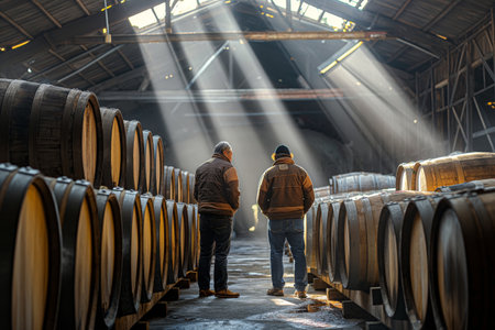 Two experts evaluate wooden wine barrels in an atmospheric cellar with rays of lightの素材