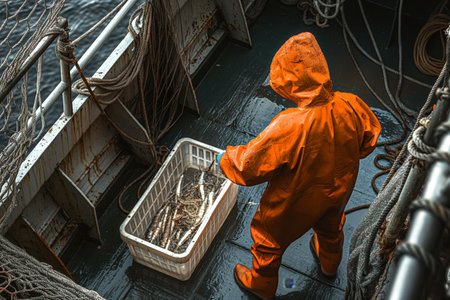 A deckhand in orange rain gear stands on a wet ships deck organizing a crateの素材
