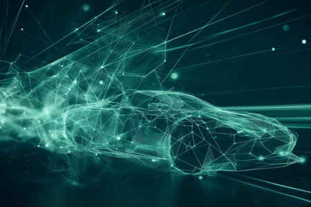 Abstract digital mesh forming a dynamic shape on a dark background with light elementsの素材