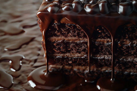 A close-up of a rich chocolate cake slice drizzled with glossy melted chocolate, evoking indulgence and sweetnessの素材
