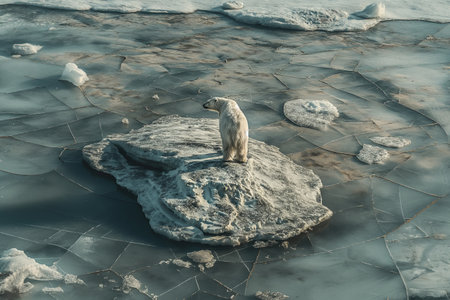 A solitary polar bear sits atop an ice floe surrounded by cracked sea ice, highlighting climate change impactsの素材