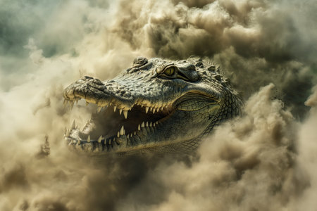 Close-up of a crocodile head with open jaws, set against a dramatic misty backgroundの素材