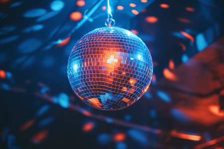 A glittering disco ball hangs centered amidst a vibrant play of red and blue lights, creating a festive party atmosphereの素材