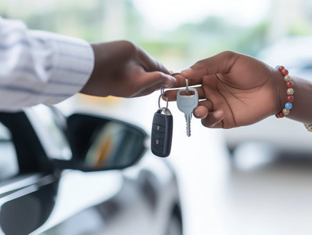 Close-up of two hands exchanging car keys, symbolizing car rental, purchase, or sharing. Concept of trust, transaction, and mobility.の素材