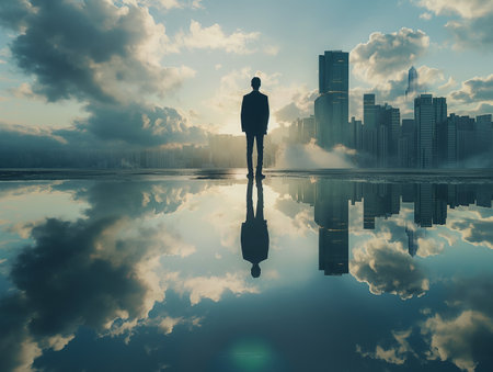 A solitary man stands on a reflective surface, gazing at a modern city skyline under a dramatic sky. The image evokes themes of contemplation, solitude, and urban life.の素材