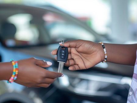 Close-up of two hands exchanging car keys, symbolizing car purchase, rental, or ownership transfer. The background shows a blurred car interior, emphasizing the focus on the key exchange.の素材