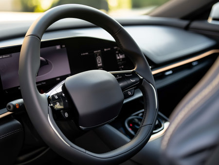 Close-up of a sleek, modern car interior showcasing the steering wheel and digital dashboard. The image highlights advanced automotive technology and luxury design.の素材