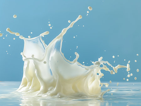 Dynamic splash of milk against a blue backdrop, capturing motion and fluidity in a high-speed shot.の素材