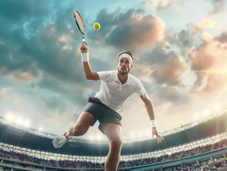 A dynamic shot of a tennis player mid-air, preparing to hit the ball during a match in a large stadium. The image captures the intensity and focus of the sport.の素材