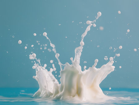 Close-up of milk splashing with droplets suspended in mid-air against a blue background.の素材
