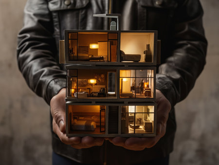 Close-up of hands holding a detailed, illuminated miniature house model. The model showcases various rooms with warm lighting, symbolizing home, architecture, and real estate concepts.の素材