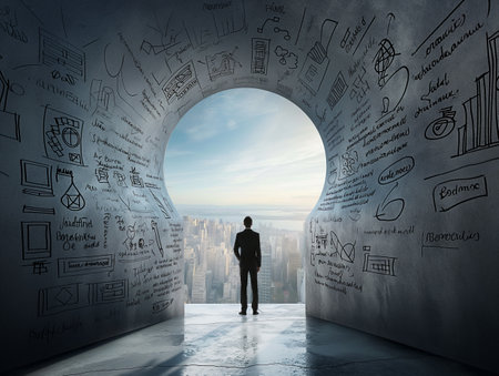 A businessman stands at the edge of a tunnel filled with business sketches, gazing at a cityscape. Concept of vision, strategy, and future planning.の素材