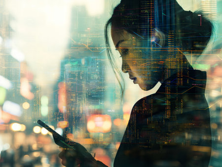 A woman using a smartphone in a cityscape, overlaid with digital data and code, symbolizing modern technology and connectivity.の素材