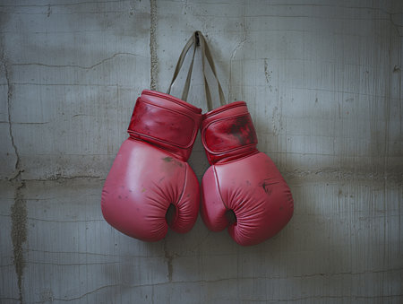 A pair of worn red boxing gloves hang on a rough concrete wall, symbolizing strength, perseverance, and the spirit of boxing.の素材