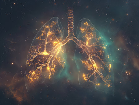 Artistic representation of human lungs glowing with light, set against a cosmic background. Conceptual image symbolizing breath, life, and the connection between humanity and the universe.の素材
