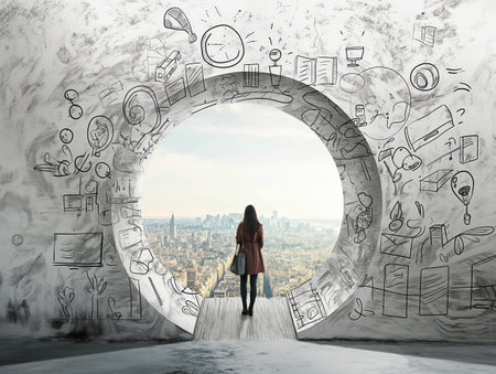 A woman stands at the edge of a circular portal, gazing at a cityscape. The portal is surrounded by creative doodles, symbolizing imagination and inspiration.の素材