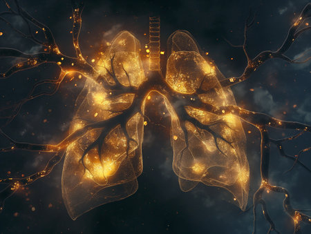 Abstract depiction of human lungs illuminated with golden lights, symbolizing health, vitality, and the interconnectedness of the respiratory and nervous systems.の素材
