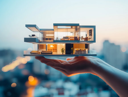 A hand holds a detailed model of a modern house against a blurred cityscape background, symbolizing real estate and architectural design.の素材