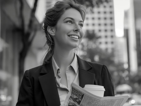 Smiling businesswoman holding a coffee cup and newspaper, standing outdoors in an urban setting.の素材