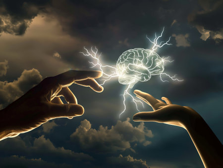 Two hands reaching towards a glowing brain with lightning, set against a dramatic, cloudy sky. Concept of intelligence, creativity, and human connection.の素材