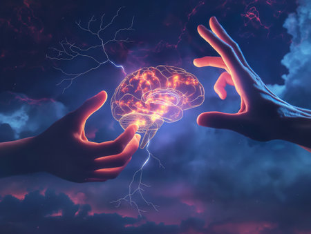 Two hands reaching for a glowing brain with lightning in a dark, cloudy sky, symbolizing creativity and innovation.の素材