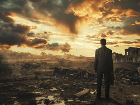 A businessman stands amidst a desolate, post-apocalyptic landscape, gazing at a dramatic sunset, symbolizing resilience and hope.の素材