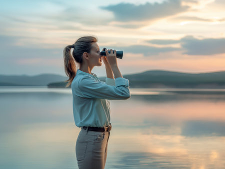 A woman stands by a serene lake at sunset, using binoculars to observe the distant landscape.の素材