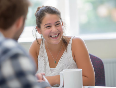 A cheerful woman in a white top laughs while chatting with a friend over coffee in a bright room.の素材