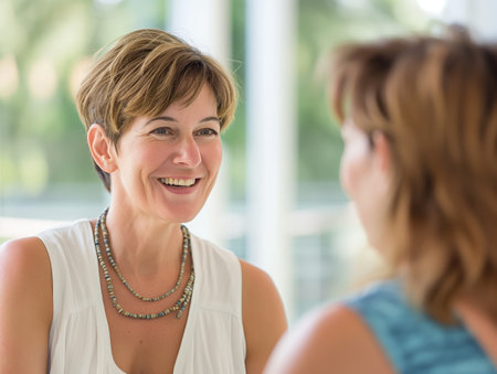 Two women smiling and talking, enjoying a friendly conversation in a bright, casual setting.の素材