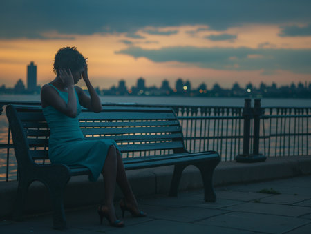 A woman in a blue dress sits on a bench by the water at sunset, holding her head in her hands.の素材