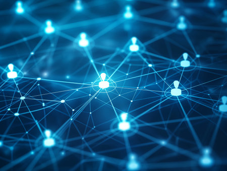 Abstract image of a digital network with interconnected human icons, symbolizing communication and connectivity.の素材