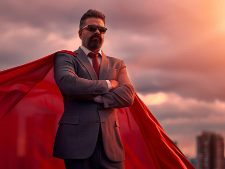 A confident businessman in a suit and red cape stands with arms crossed against a dramatic sunset sky.の素材