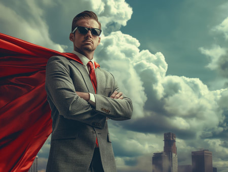 A confident businessman in a suit and red cape stands with arms crossed against a dramatic cloudy sky.の素材