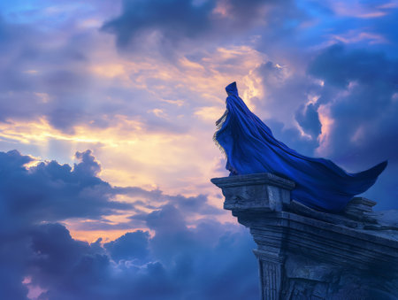 A cloaked figure stands on a stone ledge, gazing at a vibrant sunset sky filled with dramatic clouds.の素材