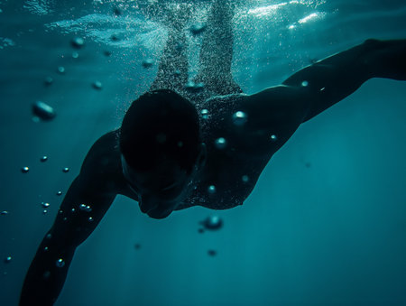 A swimmer glides underwater in a deep blue ocean, surrounded by bubbles, creating a serene and mysterious atmosphere.の素材