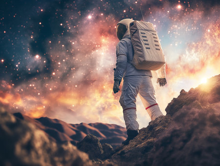 An astronaut stands on a rocky terrain, gazing at a vibrant, star-filled sky, symbolizing exploration and adventure.の素材