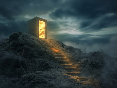 A glowing door atop a rocky hill with illuminated steps, set against a dramatic night sky, evokes mystery and adventure.の素材