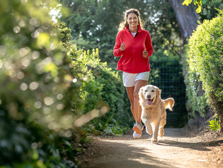 Smiling woman in red jacket jogging with her golden retriever on a sunny day in a lush green park.の素材