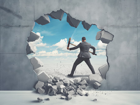 A determined businessman in a suit breaks through a concrete wall with a sledgehammer, revealing a bright sky.の素材